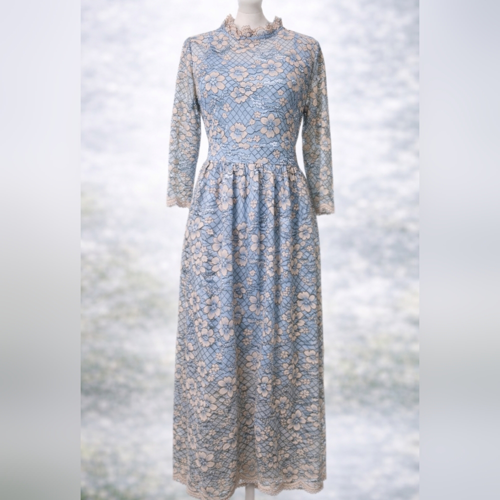 Blue Floral Lace Midi Dress Mock Neck 3/4 Sleeve Cottagecore Romantic NWT